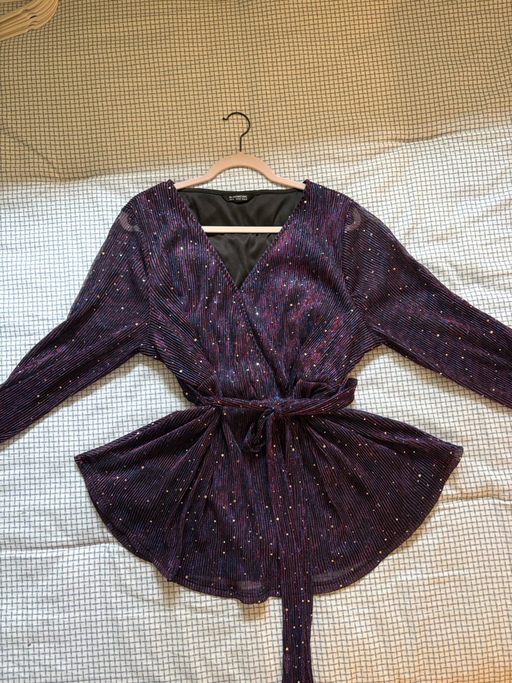 BloomChic Purple Sequin Pleated Wrap Blouse